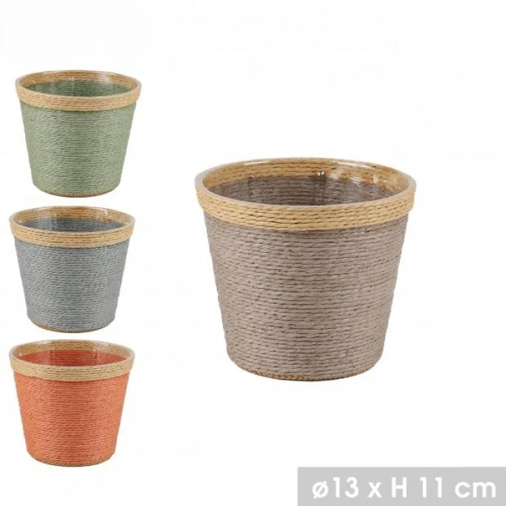 CACHE POT EN CORDE DE PAPIER INTERIEUR PLASTIQUE Ø13 x H11cm - 4 Coloris au choix -