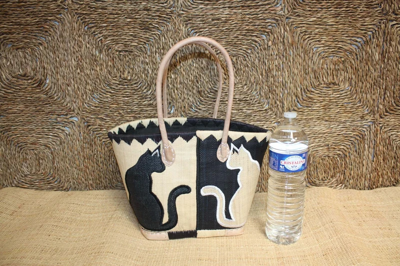 Panier NOIR brodé motif CHAT - Sac Anses Longues - Cabas marchés, courses, plage - 3 TAILLES -