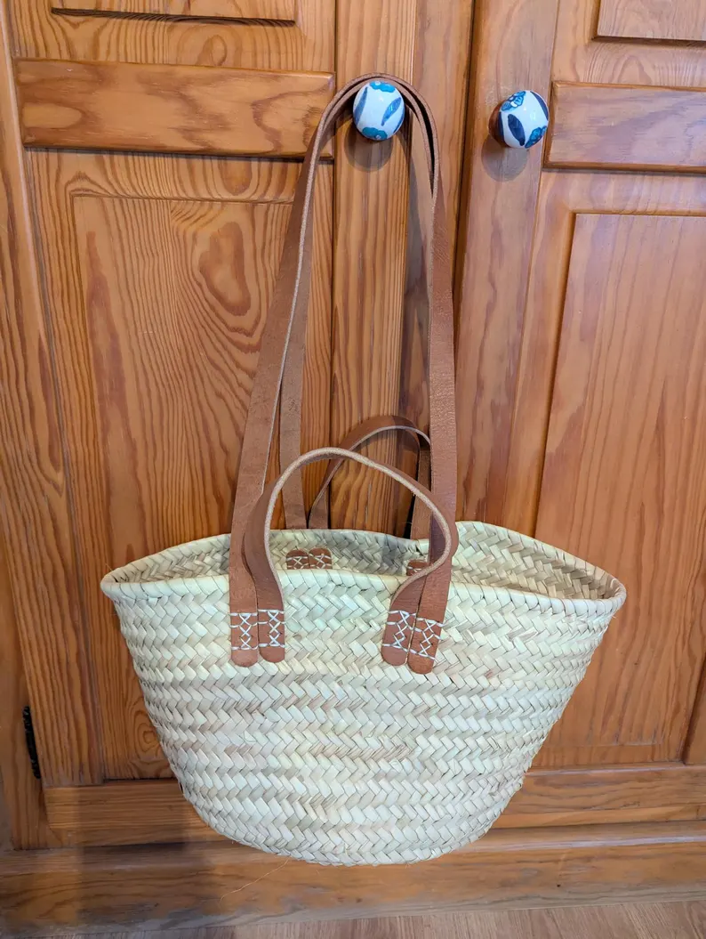 Petit Panier DOUBLES ANSES Cuir - courtes & longues - Sac paille Cabas marchés courses plage