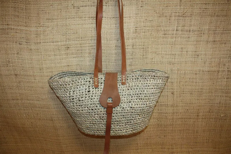 Superbe Panier Anses Longues Cuir Naturel - Sac Paille Plage été Cabas marchés courses