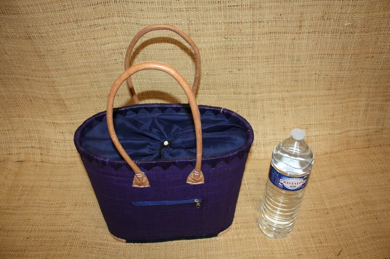 Panier BLEU NUIT Naturel - Doublé Rabane + Poche zippée - Sac Cabas Anses Longues - 3 TAILLES - Marchés, courses, plage...