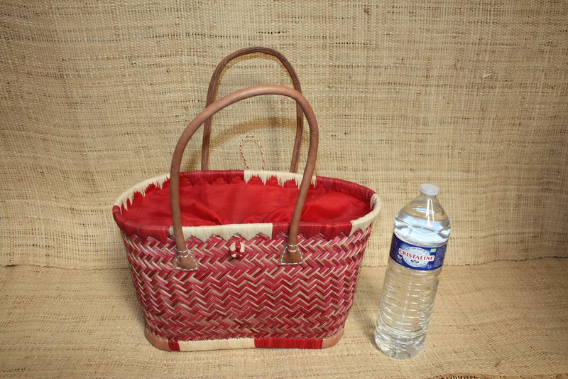 Panier ROUGE - Cabas osier marché Sac paille plage Panier rotin courses - Tissu pochon avec lacet de serrage - 3 TAILLES -