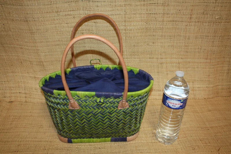Panier BLEU & VERT - Cabas osier marché Sac paille plage Panier rotin courses - Tissu pochon avec lacet de serrage - 3 TAILLES -