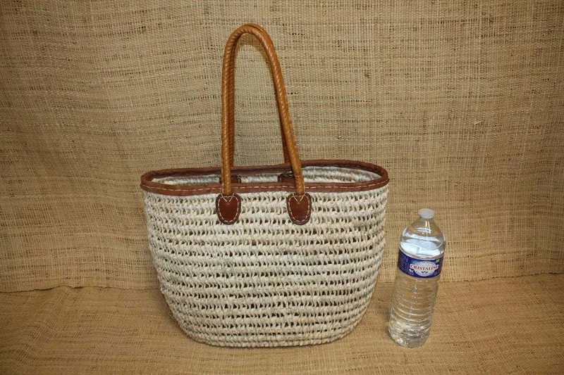 Grand Panier ANSES LONGUES 100% CUIR- Sac paille Plage Cabas osier courses panier rotin marché -