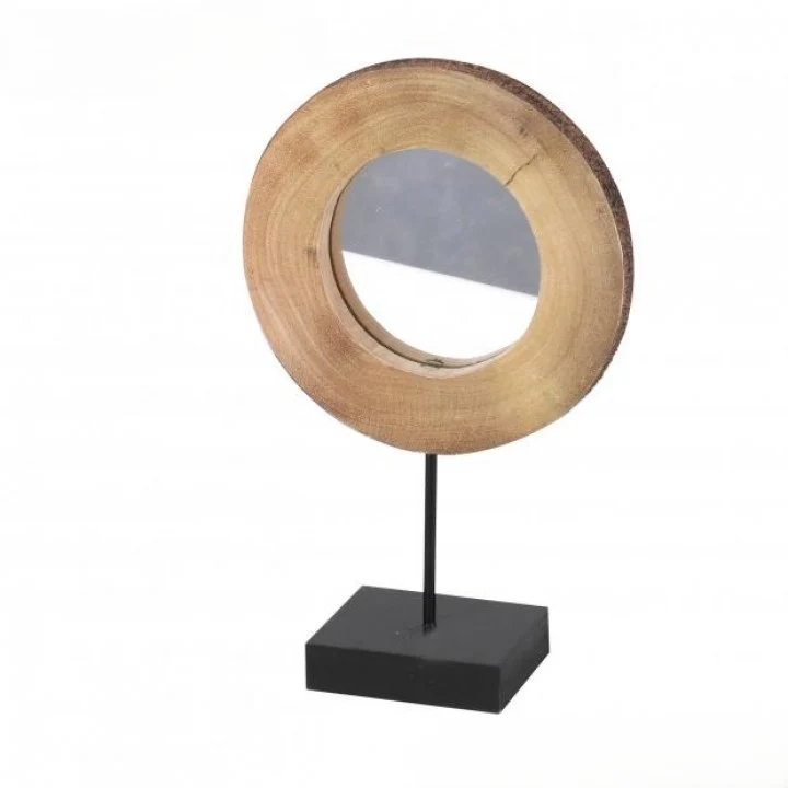MIROIR RONDIN DE BOIS SUR PIED EN METAL NOIR
