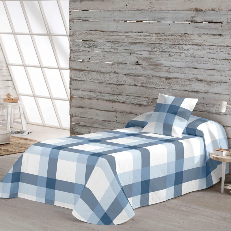 COLCHA BOUTI ESTAMPADA ESCOCES AZUL-BLANCO 100% ALGODÓN