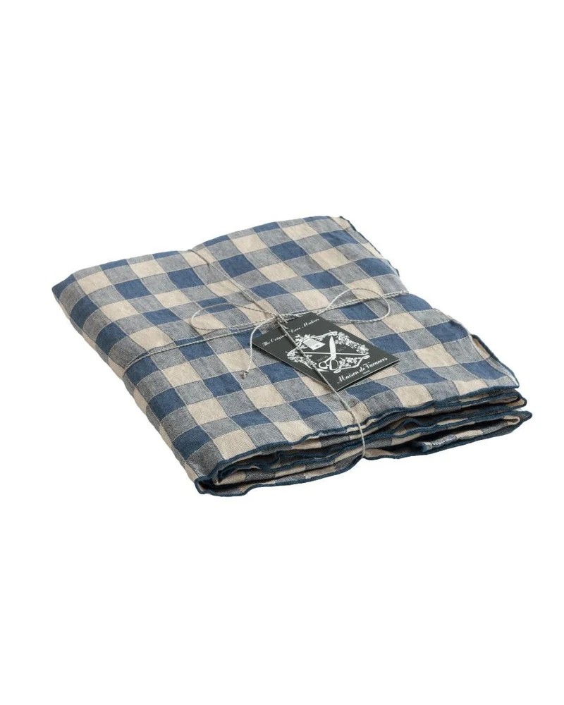 Nappe Bourdon Toile Vintage Vichy, Bleu de Delft