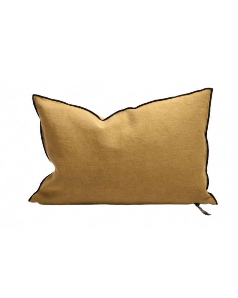 Coussin Vice Versa Black Line en Lin Stone Washed, Ocre