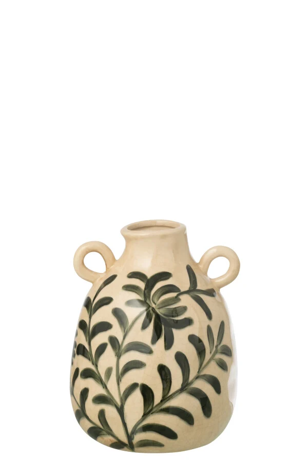 LEAVES Vase en grès feuilles vert foncé/beige
