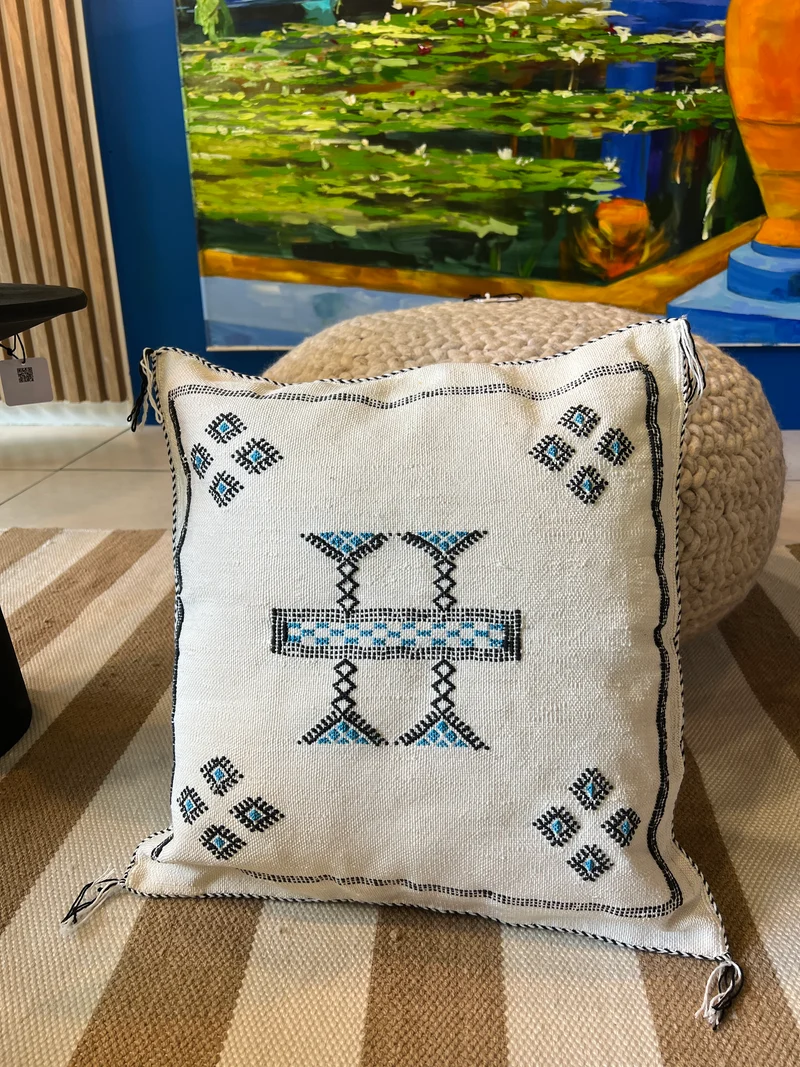 Coussin Berbère - Ecru/noir turquoise - 45 x 45 cm environ