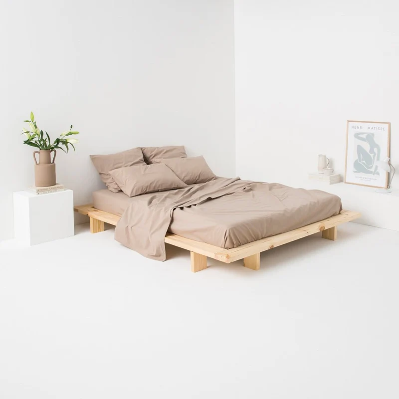 Drap plat en percale de coton lavé 300 fils • Beige Argile