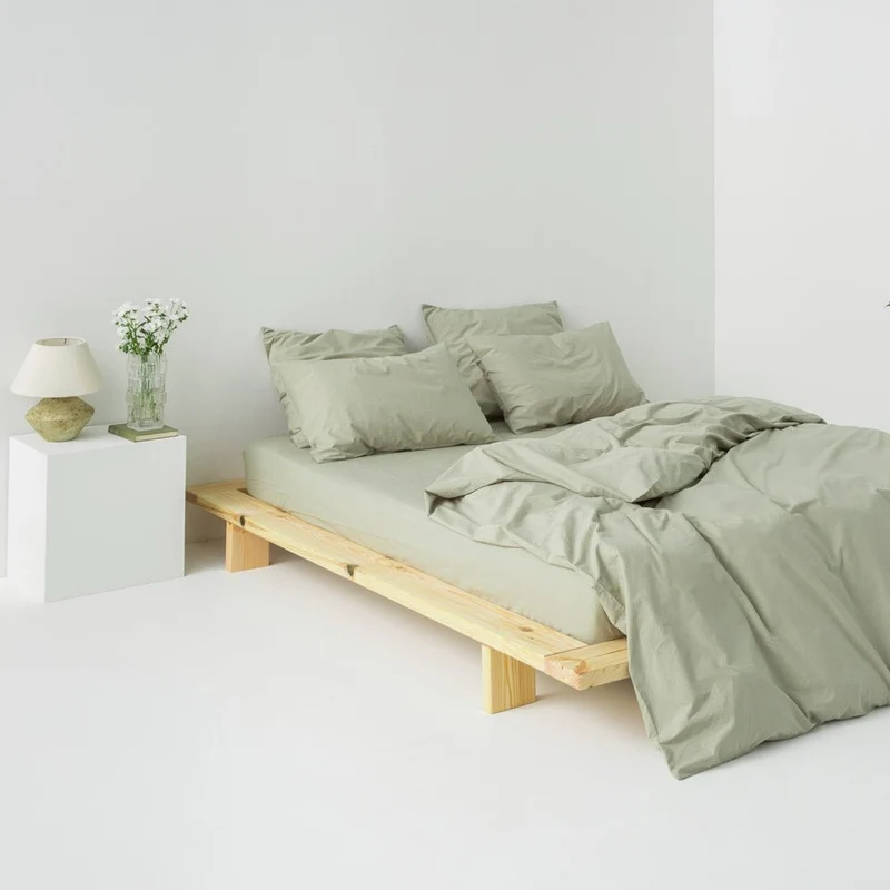 Drap housse en percale de coton lavé 300 fils • Vert Sauge
