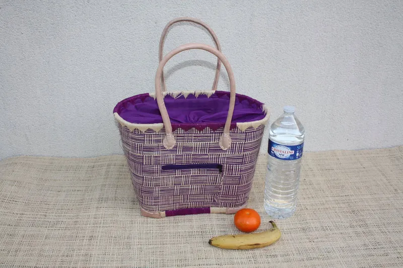 Panier cabas violet & naturel fait main – Sac artisanal doublé rabane avec anses cuir – Marché, plage & quotidien – 3 tailles