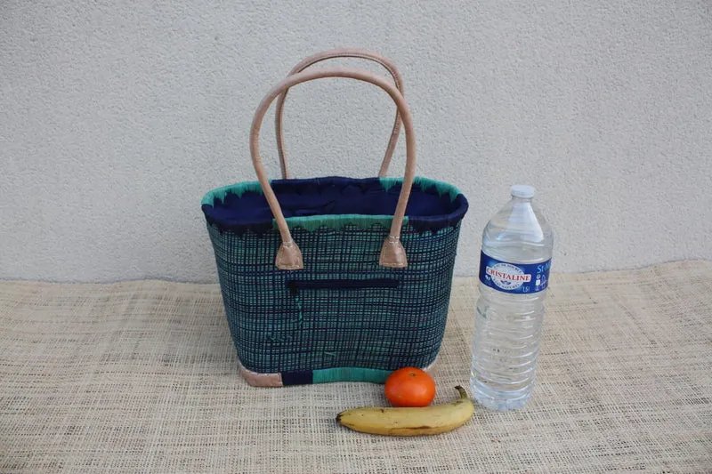 Panier Cabas Bleu & Turquoise Tressé – Sac Artisanal Élégant avec Anses Cuir – 3 Tailles