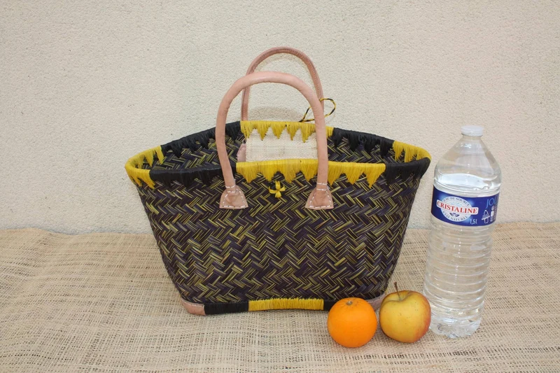 Superbe panier paille noir artisanal tressé main, sac cabas osier bohème, grand panier marché et plage, anses cuir, 3 tailles