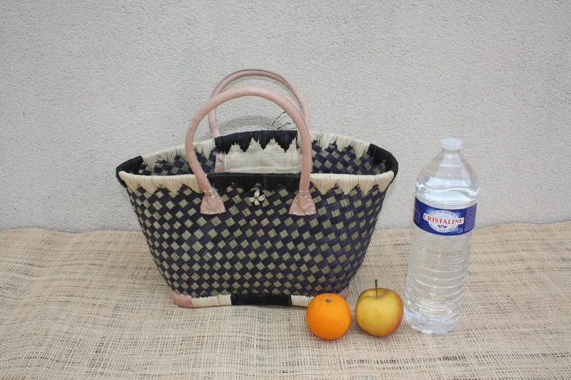 Panier osier tressé noir naturel fait main, sac cabas bohème, panier marché artisanal, sac plage anses cuir, 3 tailles