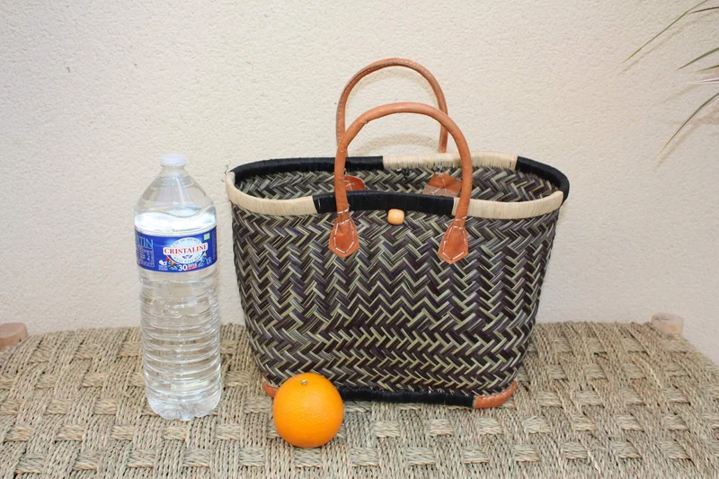 Sac Cabas de courses - PANIER de MADAGASCAR - Noir & Naturel - Tressé Main - 3 tailles au choix - marché plage osier paille