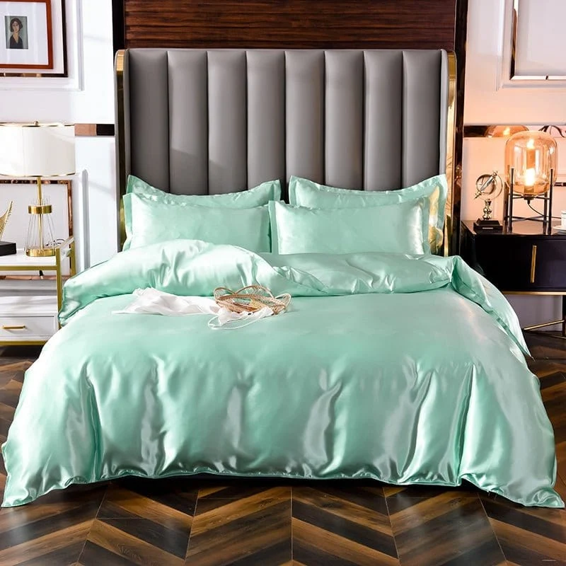 Vert opaline type satin - Drap housse / Housse de couette / 2 taies d'oreiller