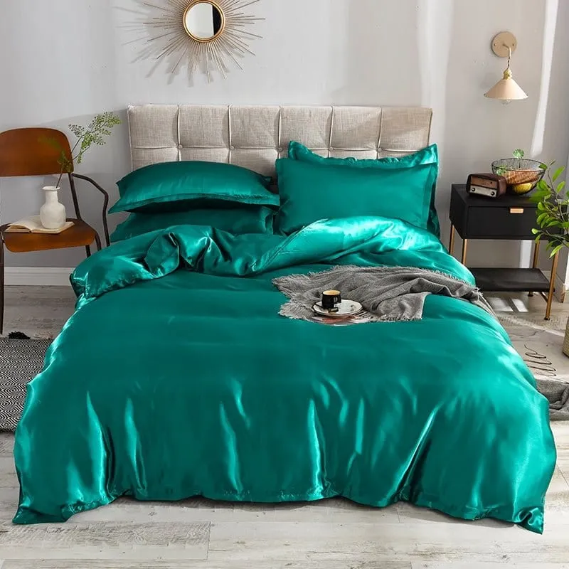 Vert type satin - Drap housse / Housse de couette / 2 taies d'oreiller