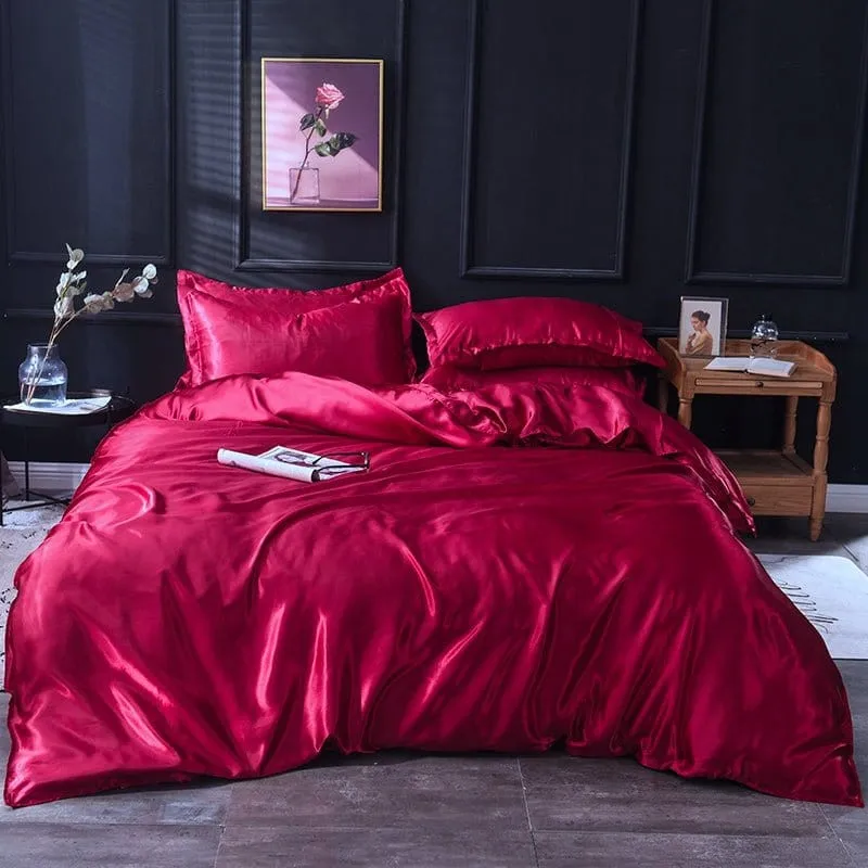 Rouge type satin - Drap housse / Housse de couette / 2 taies d'oreiller