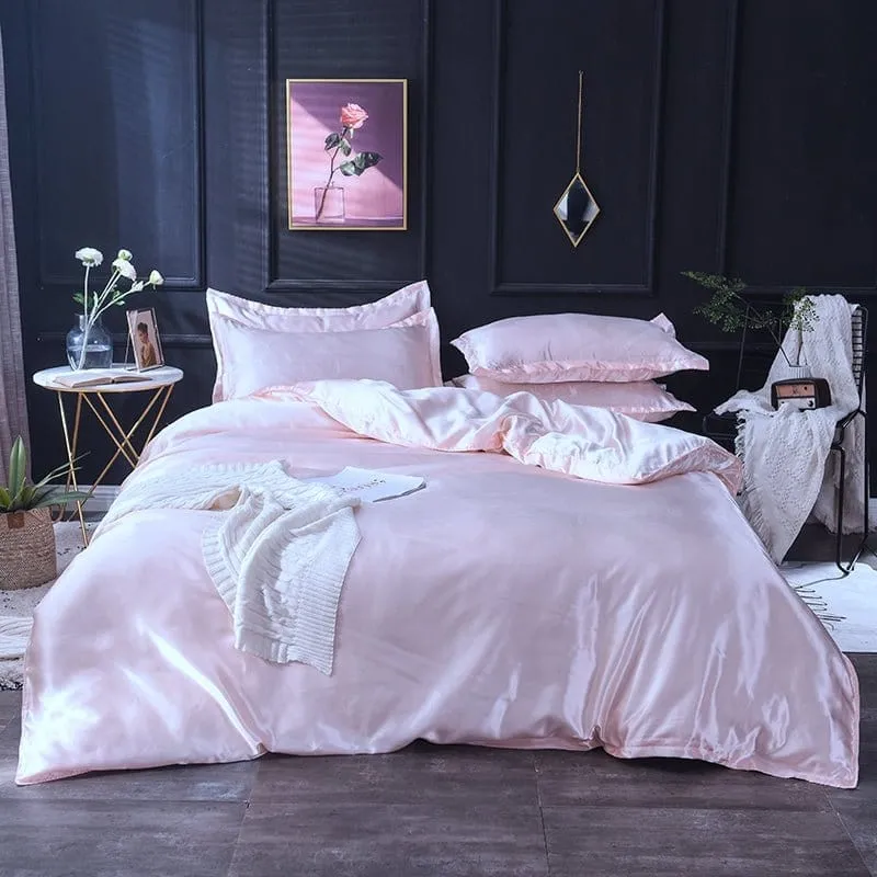 Rose clair type satin - Drap housse / Housse de couette / 2 taies d'oreiller