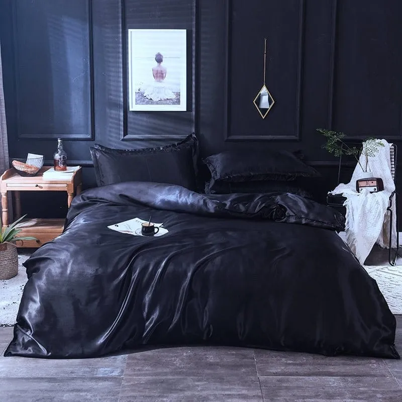 Noir type satin - Drap housse / Housse de couette / 2 taies d'oreiller