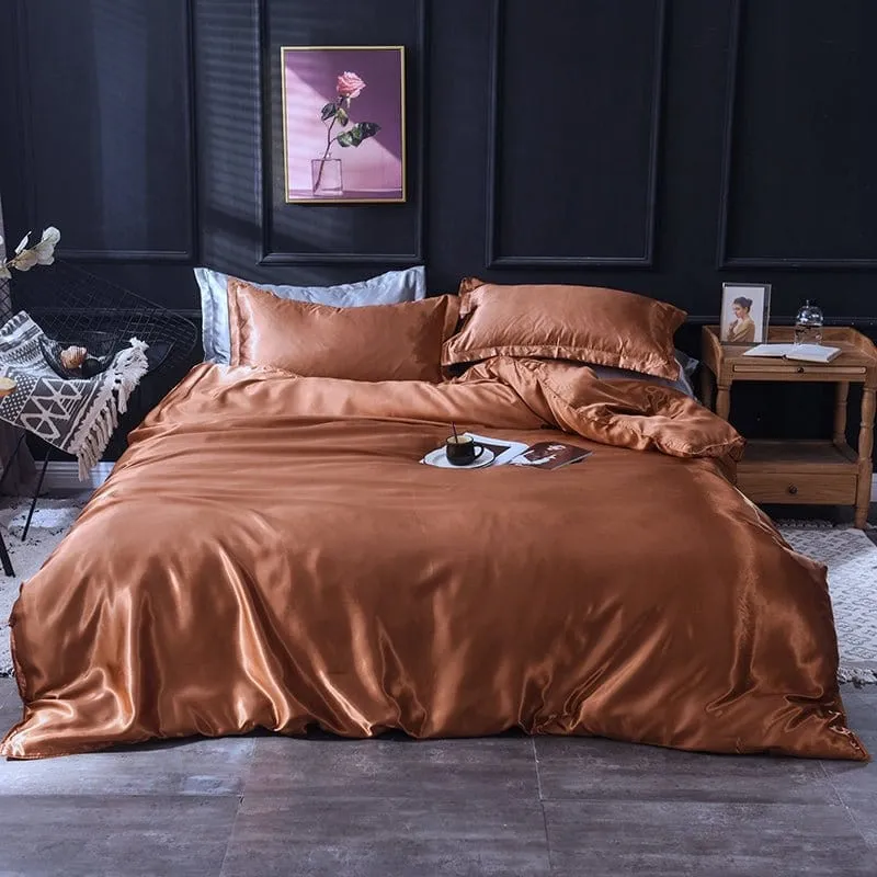 Marron type satin - Drap housse / Housse de couette / 2 taies d'oreiller
