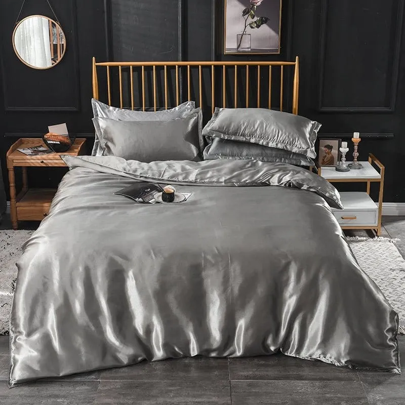 Gris type satin - Drap housse / Housse de couette / 2 taies d'oreiller