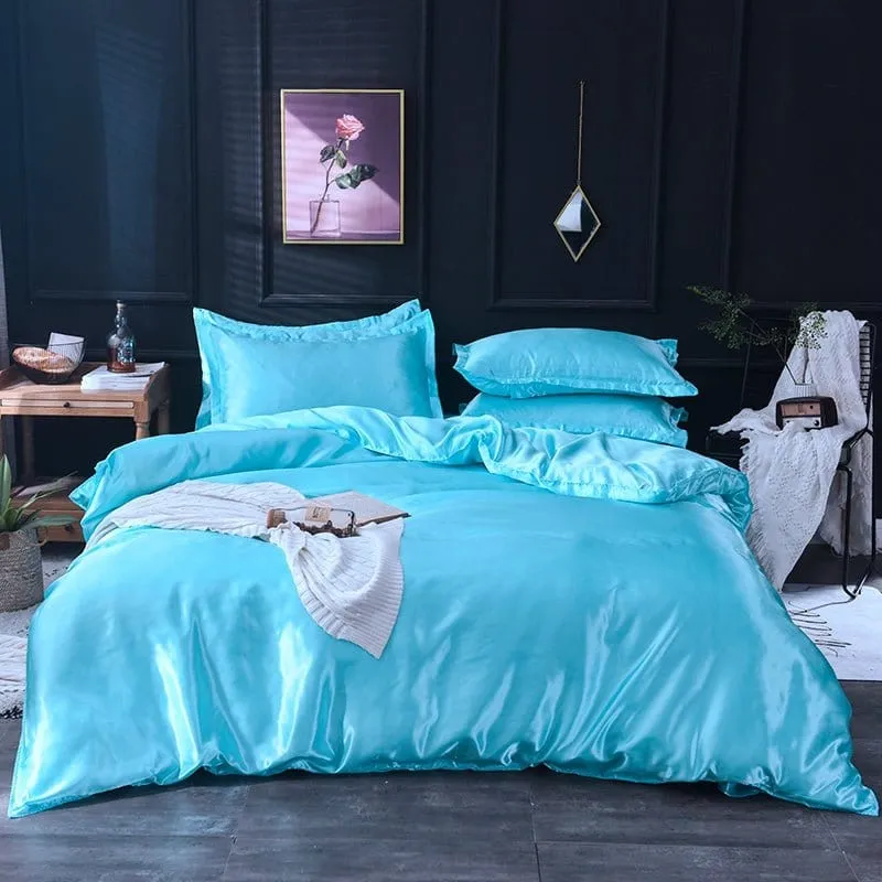 Bleu turquoise type satin - Drap housse / Housse de couette / 2 taies d'oreiller