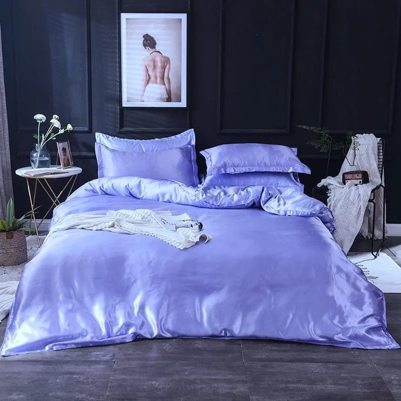 Bleu lavande type satin - Drap housse / Housse de couette / 2 taies d'oreiller