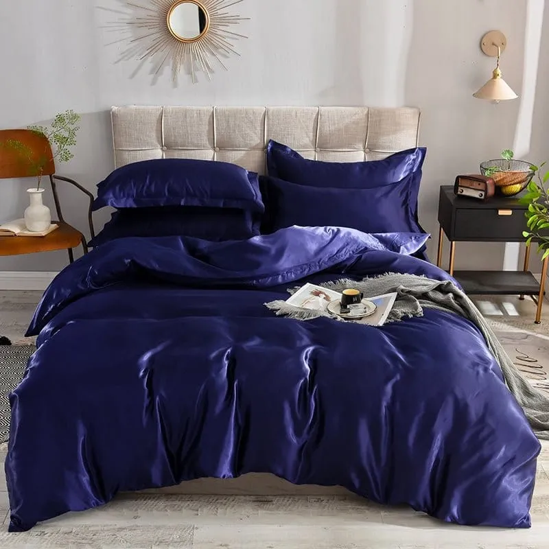 Bleu foncé type satin - Drap housse / Housse de couette / 2 taies d'oreiller