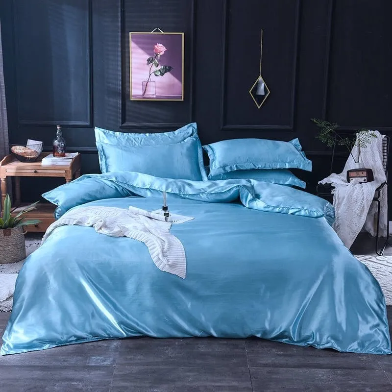 Bleu ciel type satin - Drap housse / Housse de couette / 2 taies d'oreiller