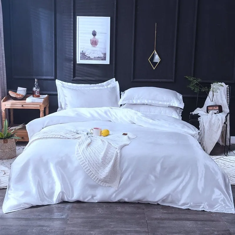 Blanc type satin - Drap housse / Housse de couette / 2 taies d'oreiller