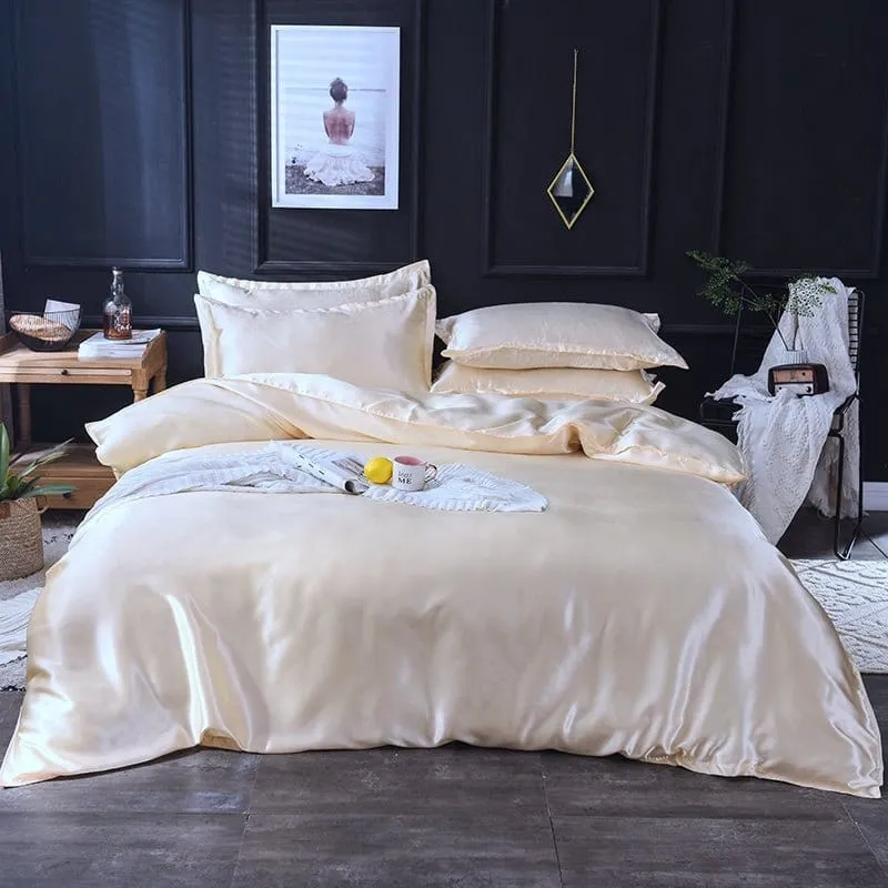 Beige clair type satin - Drap housse / Housse de couette / 2 taies d'oreiller