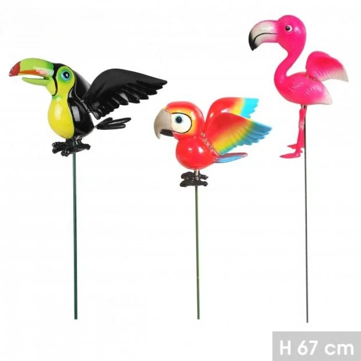 PIC DE JARDIN METAL TOUCAN / FLAMANT ROSE / PERROQUET - H67cm