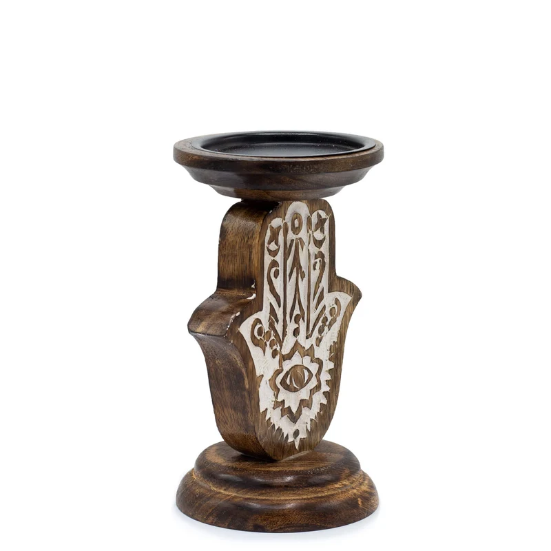 Porte-Bougies en Bois de Manguier - Main de Fatma - 18x11cm