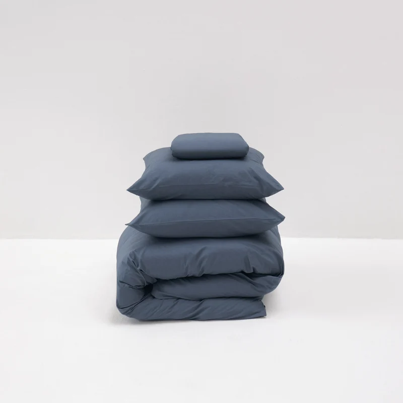 Parure de lit en percale de coton lavé 300 fils • Bleu Orage