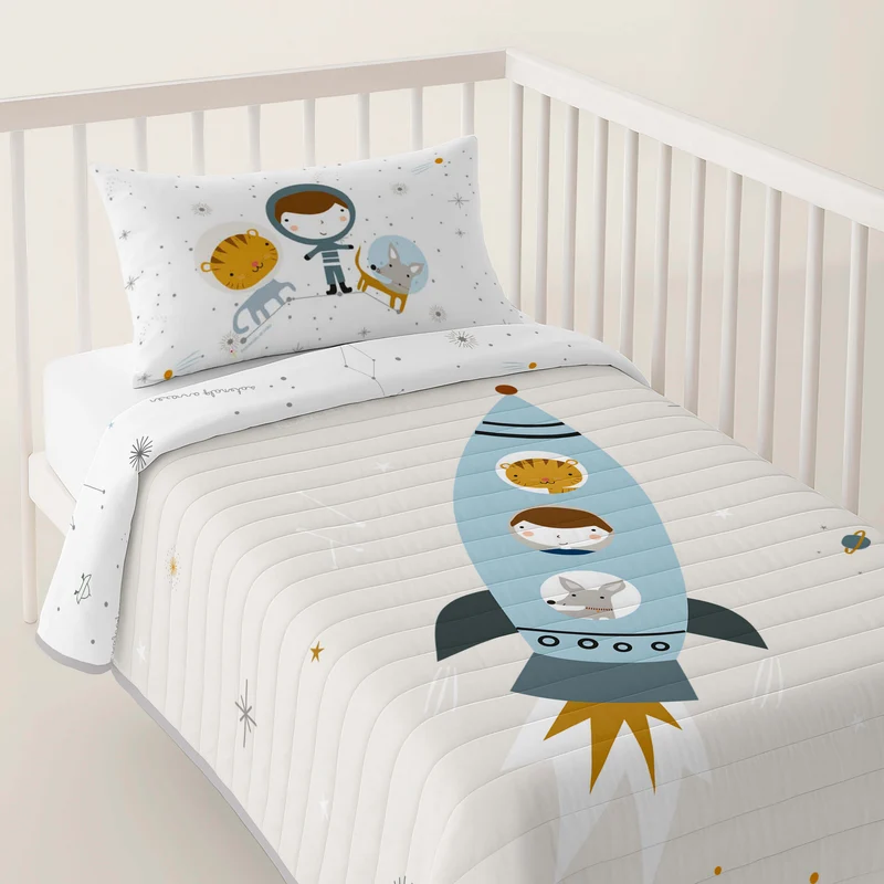 COLCHA BOUTI REVERSIBLE ESTAMPADA BEBÉ CUNA VIAJE ESPACIAL 100% ALGODÓN