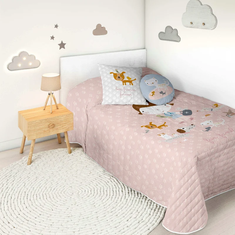 COLCHA BOUTI REVERSIBLE ESTAMPADA INFANTIL AMIGOS PELUDOS 100% ALGODÓN