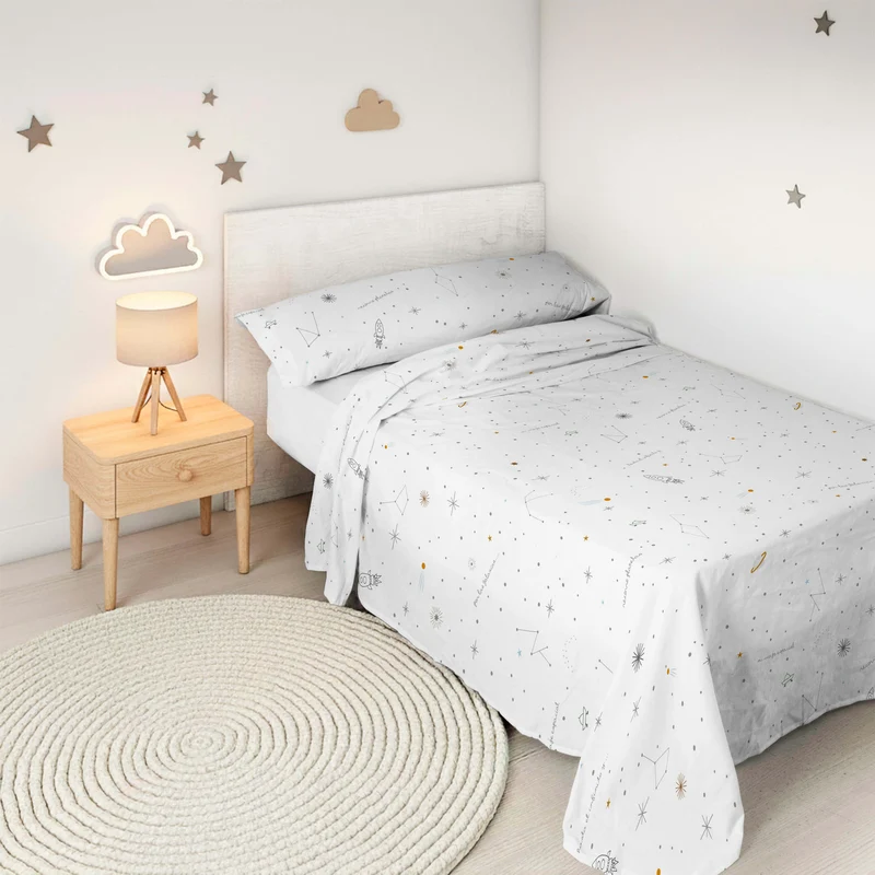 JUEGO SÁBANAS ESTAMPADAS INFANTIL VIAJE ESPACIAL B 100% ALGODÓN