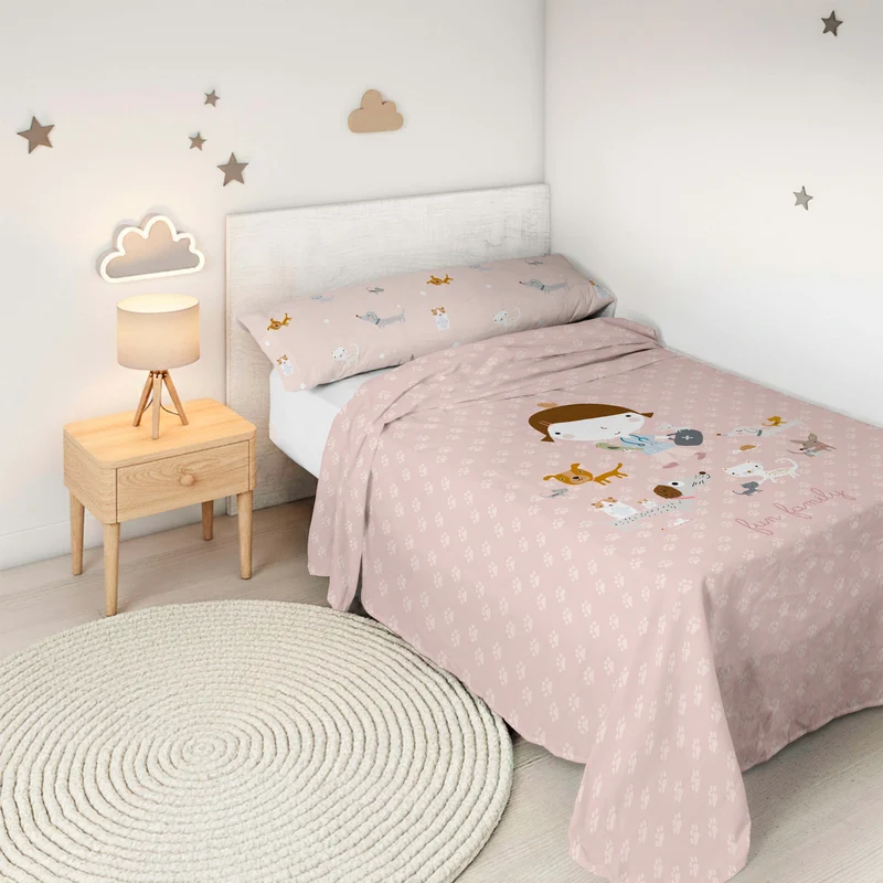 JUEGO SÁBANAS ESTAMPADAS INFANTIL AMIGOS PELUDOS A 100% ALGODÓN