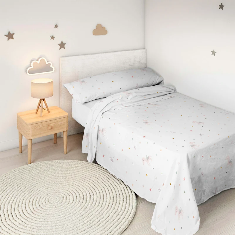 JUEGO SÁBANAS ESTAMPADAS INFANTIL PEGASO MÁGICO B 100% ALGODÓN