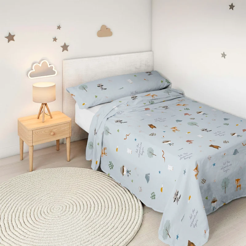 JUEGO SÁBANAS ESTAMPADAS INFANTIL AVENTURA BOSQUE B 100% ALGODÓN