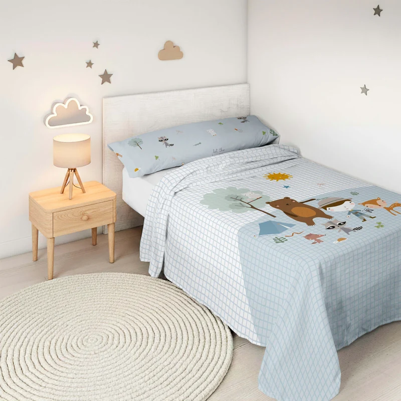 JUEGO SÁBANAS ESTAMPADAS INFANTIL AVENTURA BOSQUE A 100% ALGODÓN