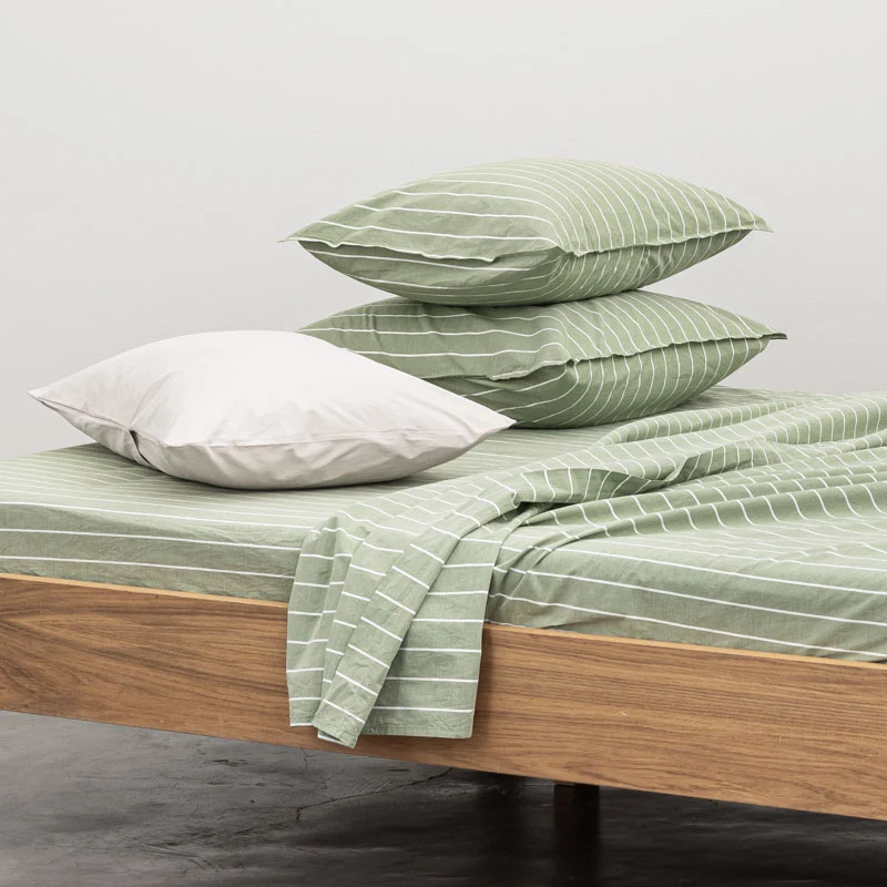 2 taies d'oreiller en percale de coton lavé 300 fils • Rayures vertes blanches