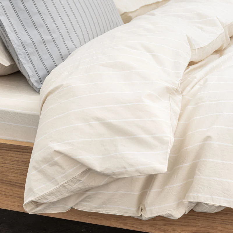 Housse de couette en percale de coton lavé 300 fils • Rayures beiges blanches