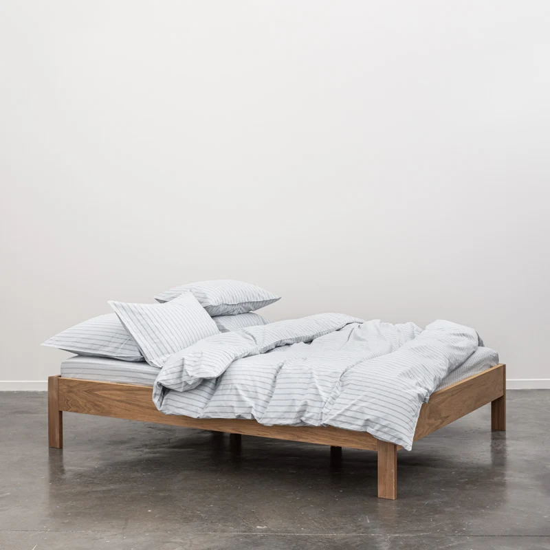 Parure de lit en percale de coton lavé 300 fils • Rayures Bleues grises