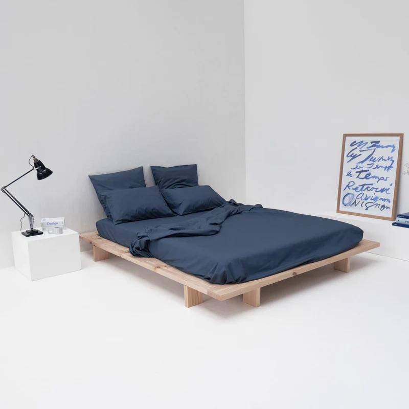 Drap plat en percale de coton lavé 300 fils • Bleu Orage