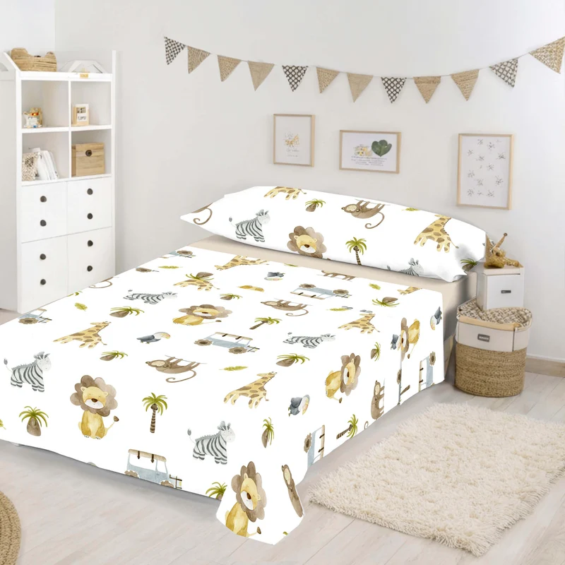 JUEGO SÁBANAS ESTAMPADAS INFANTIL SERENGETI 100% ALGODÓN